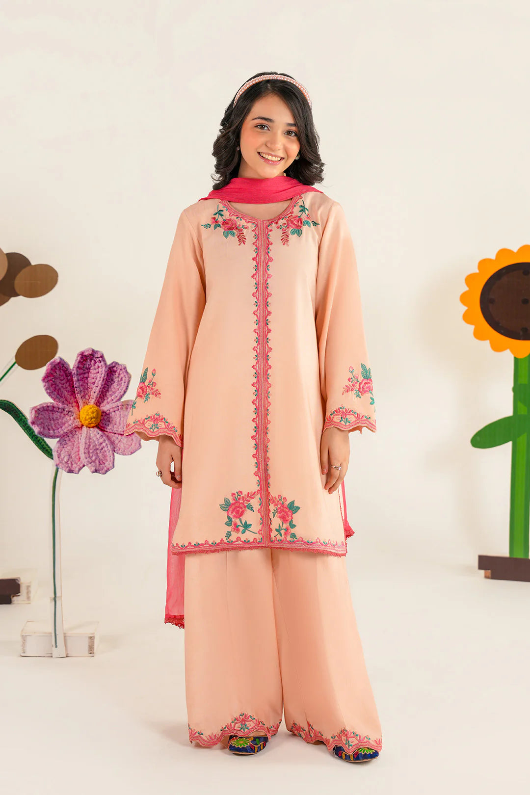 TINTSY Peach Floral Embroidered Girls Kurta Set with Palazzo & Dupatta