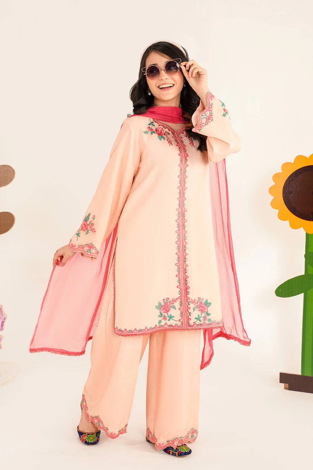 TINTSY Peach Floral Embroidered Girls Kurta Set with Palazzo & Dupatta