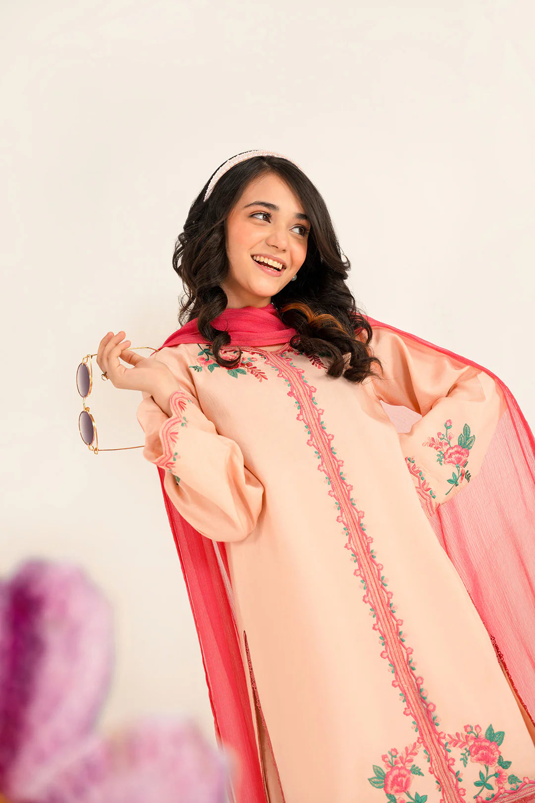 TINTSY Peach Floral Embroidered Girls Kurta Set with Palazzo & Dupatta