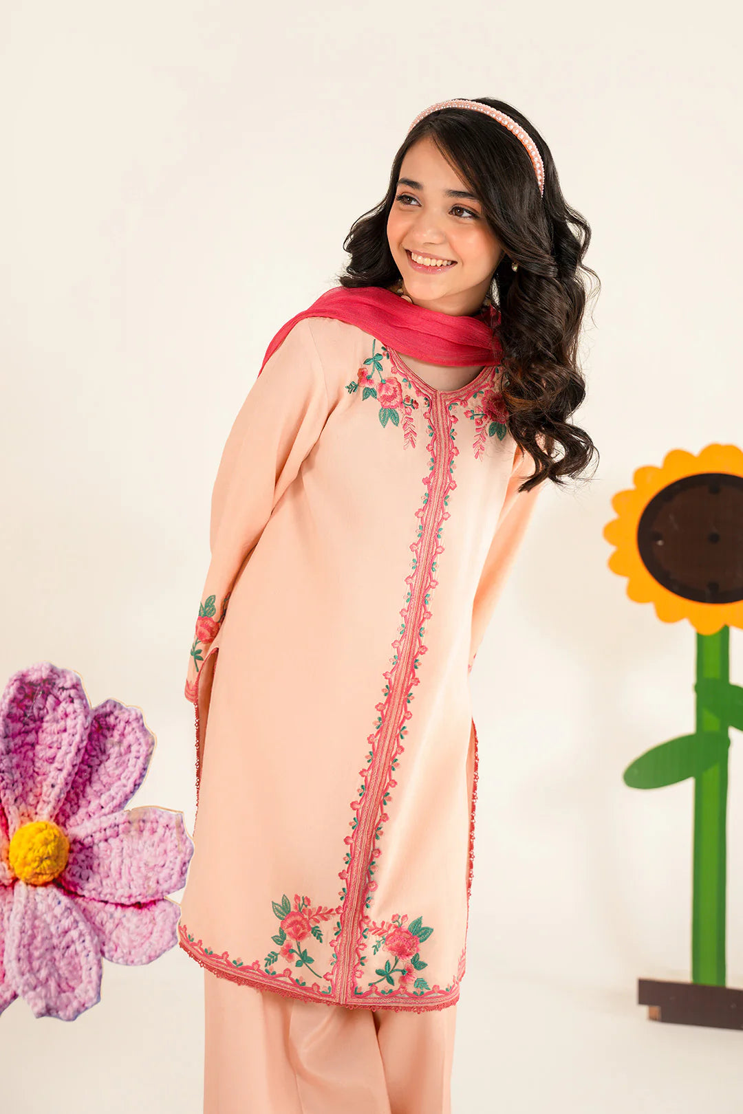 TINTSY Peach Floral Embroidered Girls Kurta Set with Palazzo & Dupatta