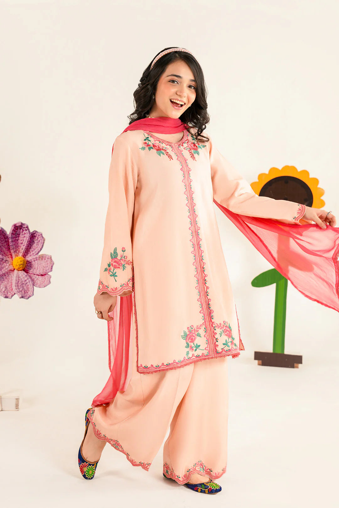 TINTSY Peach Floral Embroidered Girls Kurta Set with Palazzo & Dupatta
