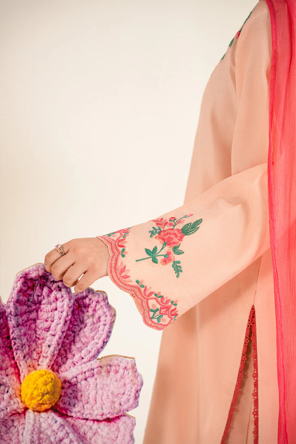 TINTSY Peach Floral Embroidered Girls Kurta Set with Palazzo & Dupatta