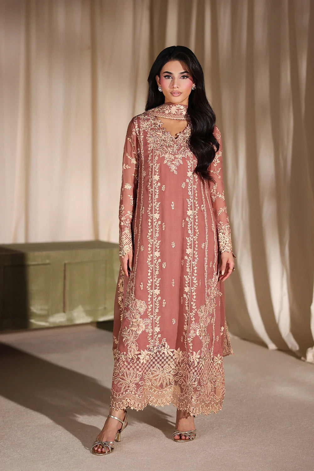 Dusty Rose Embroidered Pakistani  Suit for Women | Luxury 3-Piece Ethnic Wear (Preorder)