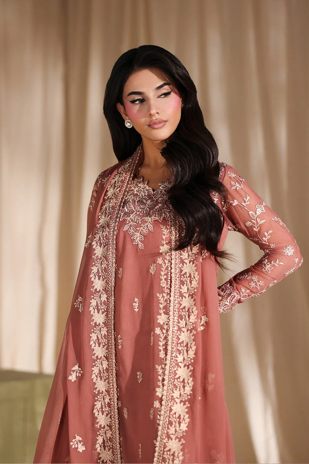 Dusty Rose Embroidered Pakistani  Suit for Women | Luxury 3-Piece Ethnic Wear (Preorder)