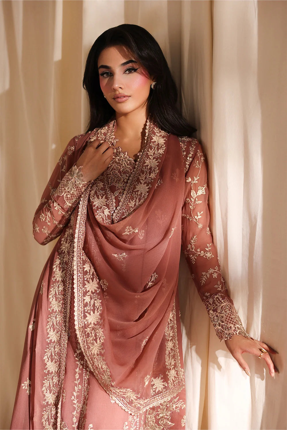 Dusty Rose Embroidered Pakistani  Suit for Women | Luxury 3-Piece Ethnic Wear (Preorder)