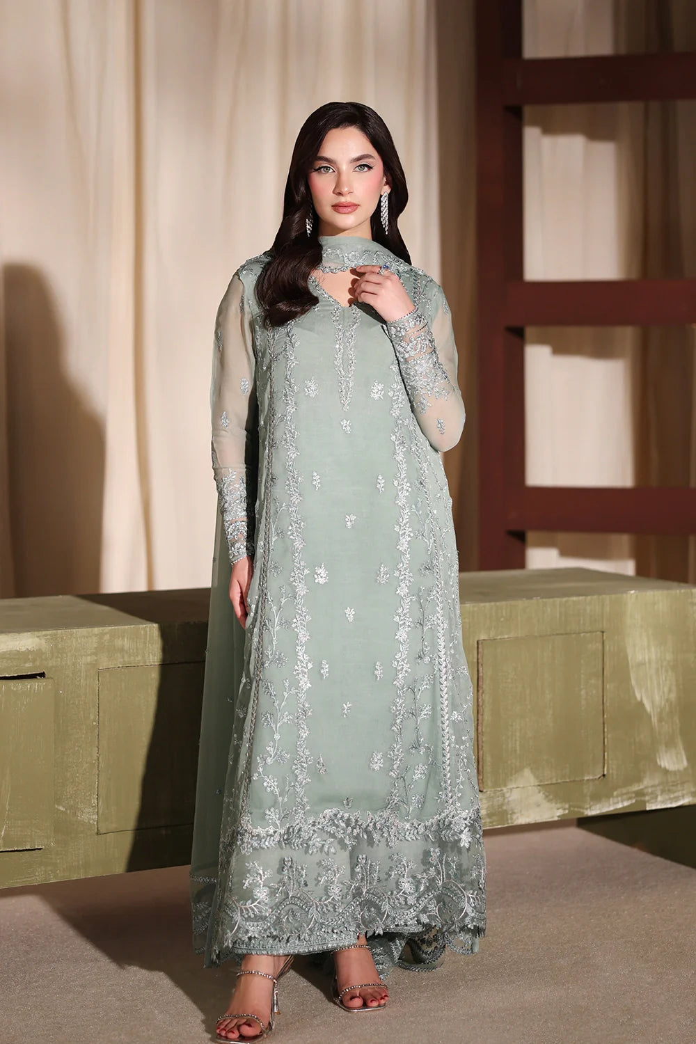 Satin Sage - Luxury Chiffon Pakistani Suit - Pre-Order - View 1