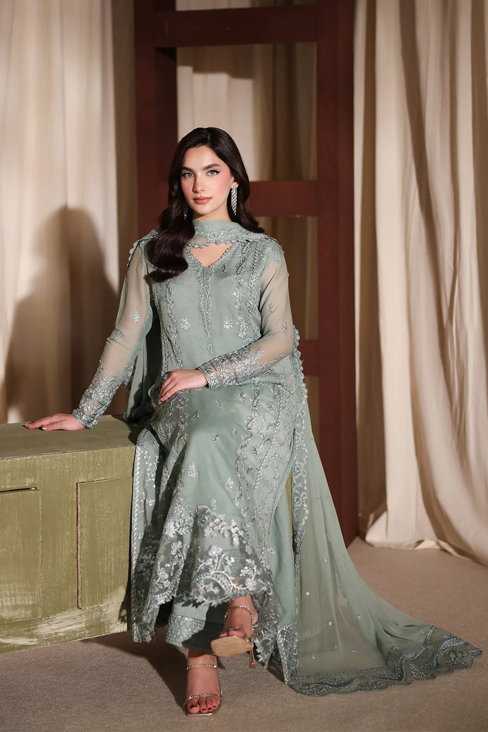 Satin Sage - Luxury Chiffon Pakistani Suit - Pre-Order - View 4
